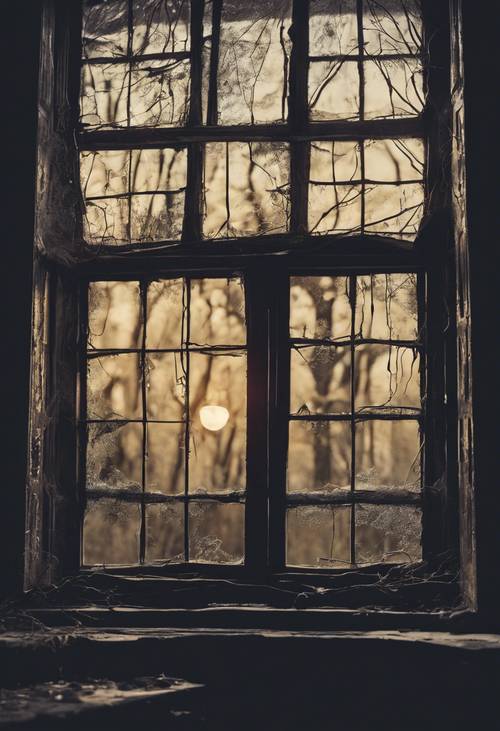 An old abandoned Victorian mansion, lights flickering from the cracked windows and an eerie silhouette at the window.