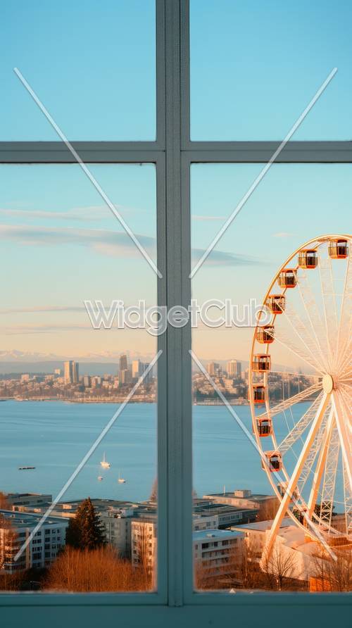 Roda gigante dourada e vista do horizonte da cidade ao fundo do pôr do sol