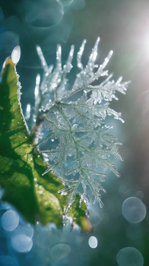 Cristaux de glace se formant sur une feuille verte luxuriante sous une lumière bleue froide.