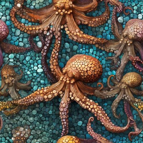 A mosaic of octopuses of varying sizes, colors, and species.