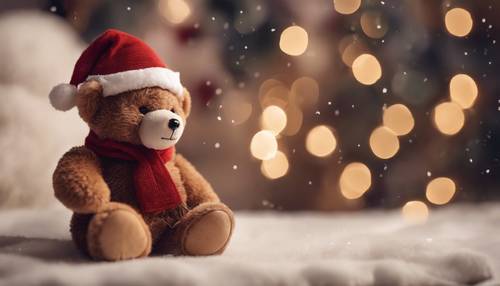 Một chú gấu bông màu nâu đáng yêu hóa trang thành ông già Noel nhân dịp Giáng sinh.
