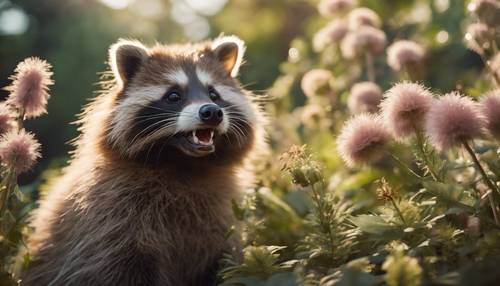 Um fofo Tanuki, também conhecido como cachorro-guaxinim japonês, em uma postura lúdica no meio de uma bela flora. Papel de parede [c6174e2ae17d43649963]