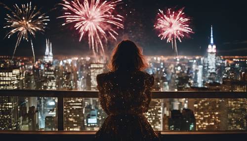 新年午夜，一位身著節慶服裝的女士在紐約市屋頂上觀賞煙火在城市景觀中綻放。