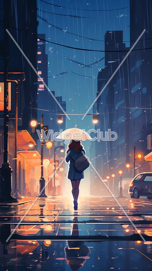 Passeggiata notturna nella città piovosa con luci colorate