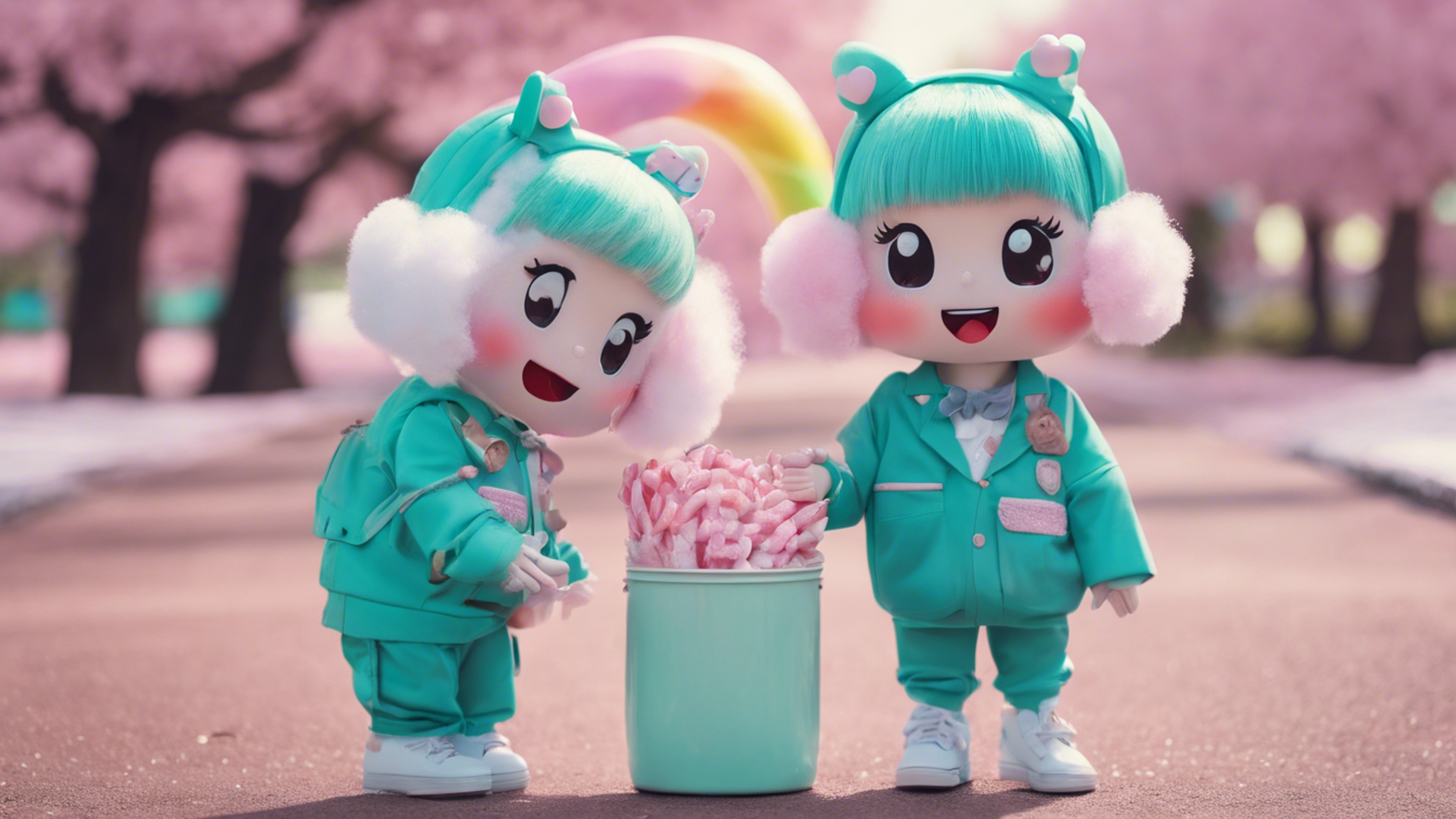 A rom-com themed image of two Kawaii characters in teal outfits, sharing a candy cotton under a pastel rainbow in a park.壁紙[b2e8e1dcfc3f406f9356]