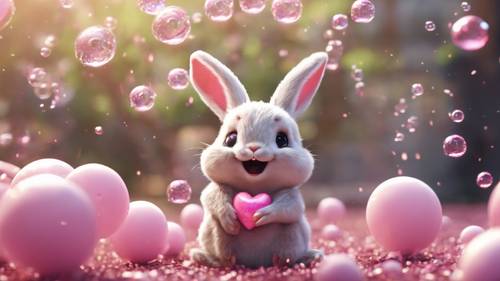 귀여운 토끼와 병아리가 주위에 반짝이는 핑크색 하트 모양의 거품과 함께 유쾌한 대화를 나누고 있습니다.