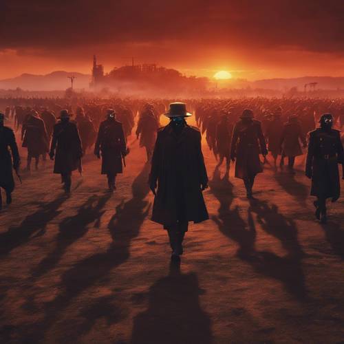 An army of foreboding dark shadows with menacing red eyes, marching under an apocalyptic orange sunset.