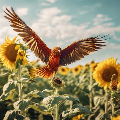 Zabawny ptak feniks goniący kolorowego motyla przez kwitnące pola słoneczników w południowym słońcu.