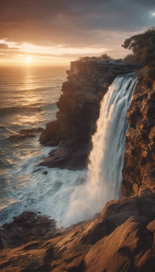 A dramatic waterfall cascading down rock cliffs onto a beach at sunrise.