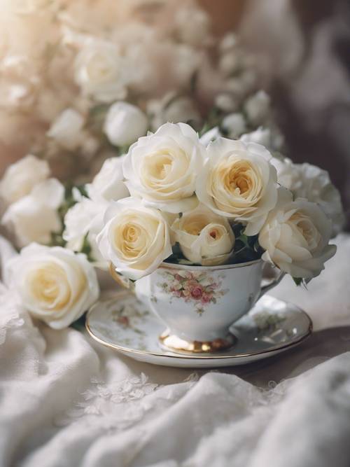 Una taza de té vintage llena de flores de rosas blancas.