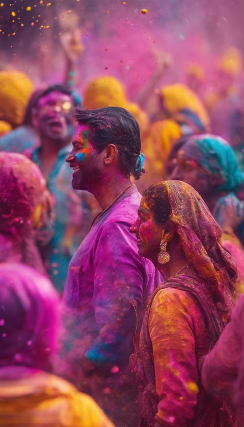 Una rappresentazione pittorica di una colorata festa indiana dell&#39;Holi, con persone che lanciano nell&#39;aria polveri colorate.