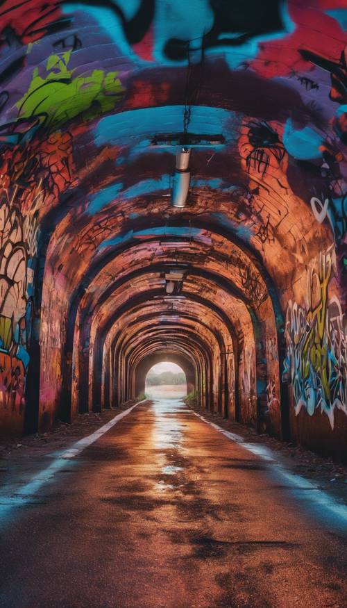 Un paisaje inspirado en el graffiti bajo una paleta de neón del atardecer rociado sobre un túnel poco iluminado.