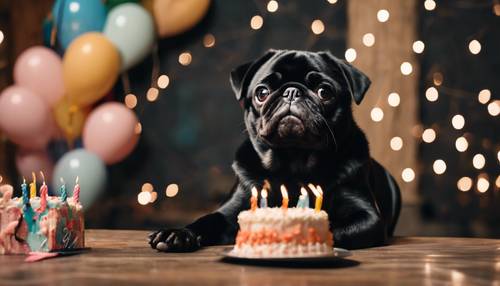 A pure black Pug dog sitting patiently in front of a birthday cake