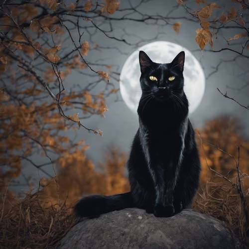 Um misterioso gato preto com costas arqueadas, contrastando com uma lua cheia assustadora; cenário para o Halloween.
