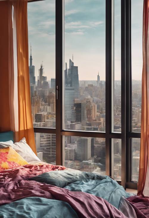Phòng ngủ hiện đại với khăn trải giường đầy màu sắc và cửa sổ lớn nhìn ra quang cảnh thành phố.