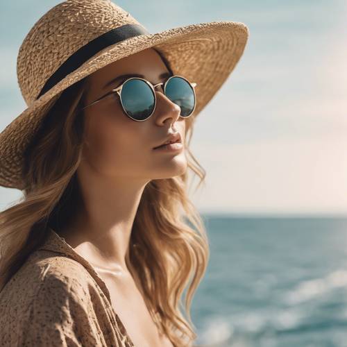 Um close de uma mulher beijada pelo sol, usando óculos escuros da moda e um chapéu de palha de aba larga, olhando para o horizonte do oceano.