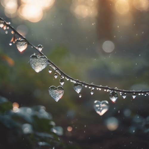 Des cœurs de cristal dégoulinaient de gouttes de rosée matinale sous un lever de soleil brumeux dans une forêt enchantée