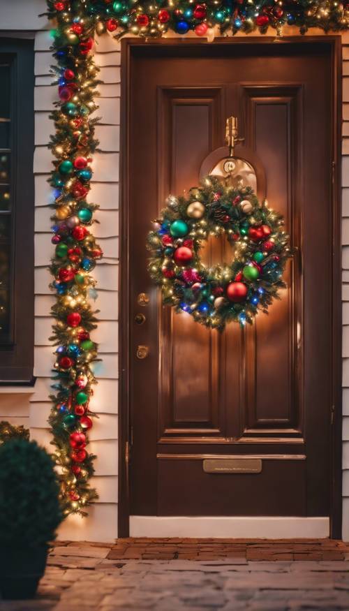 A festive door adorned with a multicolored holiday wreath and twinkling Christmas lights.