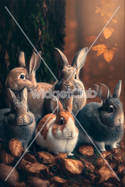秋のウサギたちが森で遊んでいる壁紙