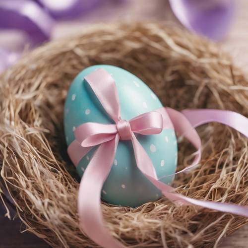 Imagen de primer plano de un huevo de Pascua de color pastel con detalles de cinta, sobre un nido.