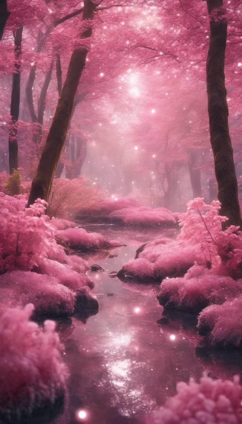 반짝이는 마법의 정수가 떠다니는 매혹적인 핑크색 요정 숲입니다.