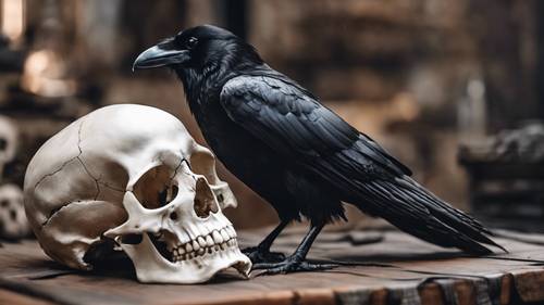 A black raven perched on a white bone skull.