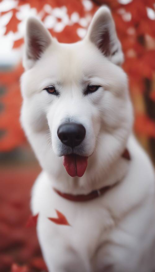 日本秋天，一隻毛茸茸的白色日本秋田犬伸出舌頭，站在美麗的紅楓葉中的特寫肖像。