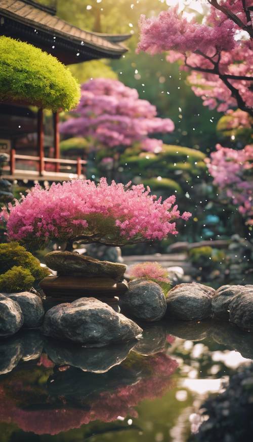 Brillos de varios colores flotando sobre un sereno jardín japonés con azaleas en flor.
