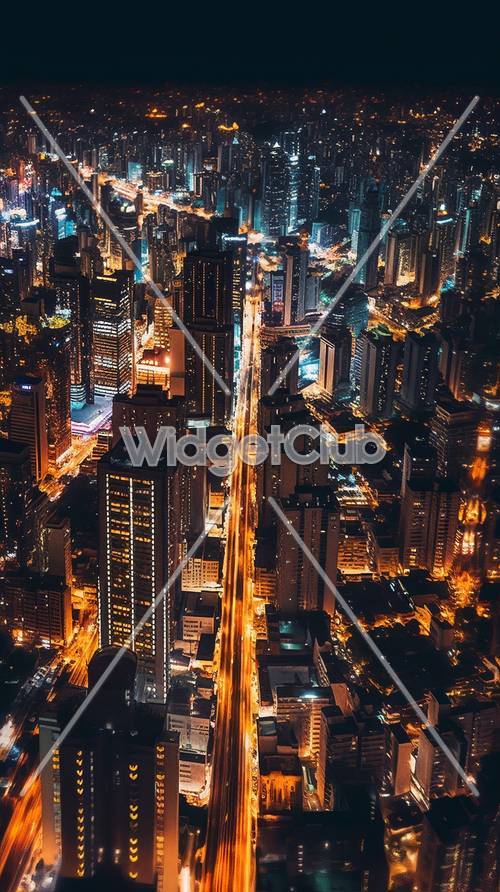 夜晚从上空俯瞰耀眼的城市灯光