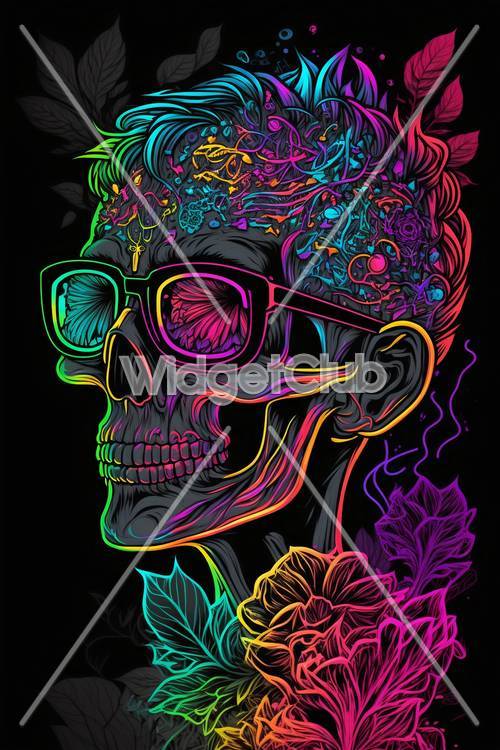 Colorful Skull Art with Neon Highlights and Flowers