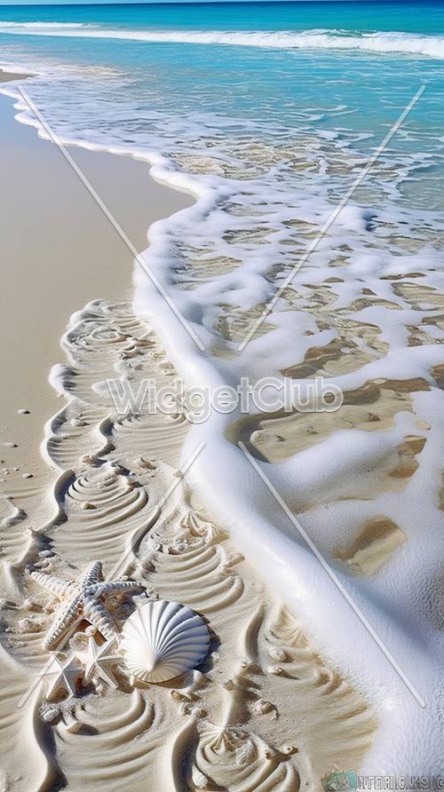 Успокаивающая морская пена и ракушки на песчаном пляже