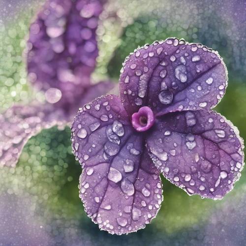 Tampilan jarak dekat dari satu daun violet Afrika yang diberi embun yang dibuat dengan cat air