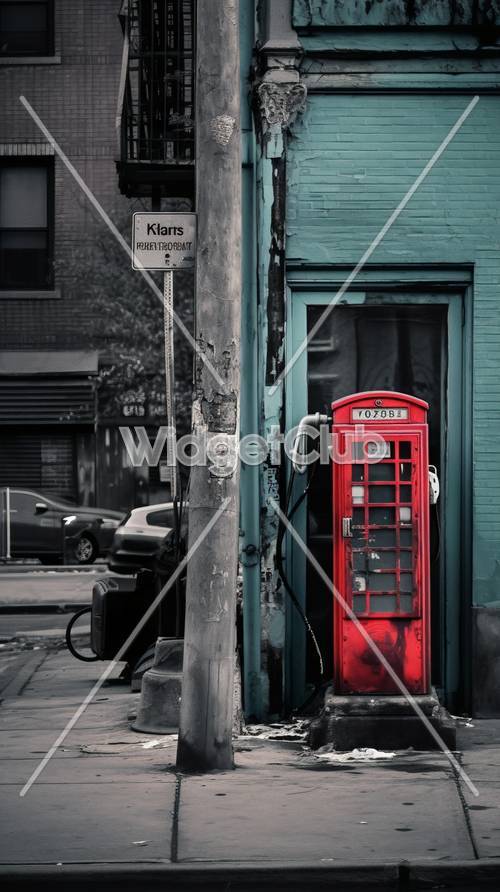 青い道路に明るい赤い電話ボックス