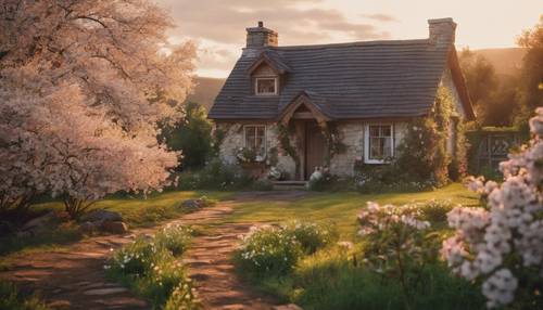 A picturesque scene of a cozy cottage nestled amongst blooming apple trees as the sun sets.