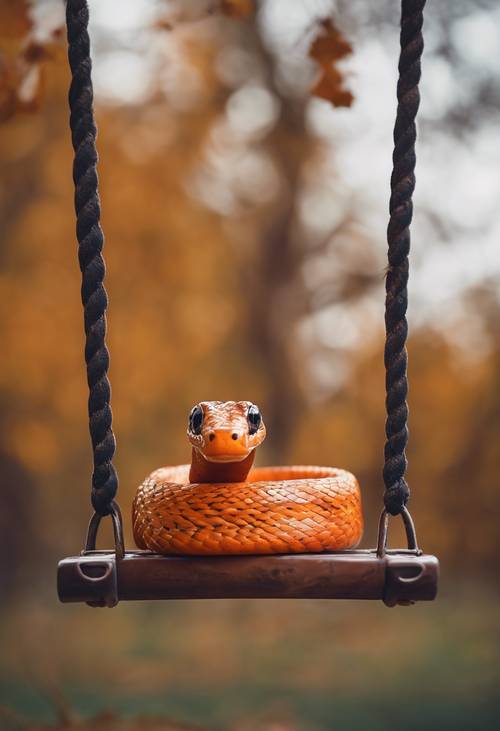 Cute orange snake enjoying a swing ride in the autumn wind.