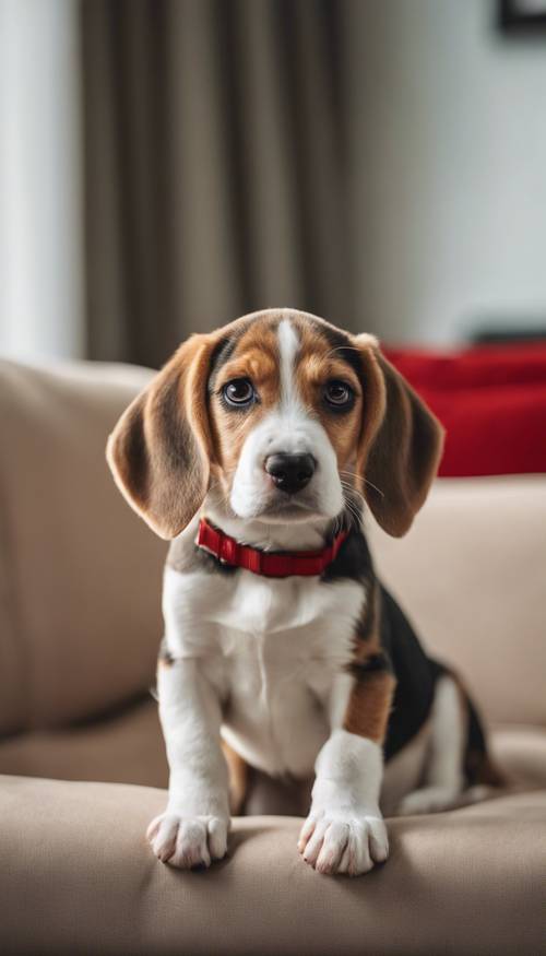 A cute Beagle puppy in a red collar sitting silently on a beige couch.