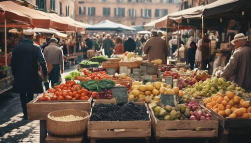 Un animado mercado italiano antiguo, con puestos que venden frutas, verduras, quesos y aceitunas frescas.