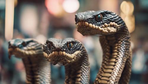 Duas cobras-rei paralelas, de pé, com os capuzes abertos, em uma dança ritualística.