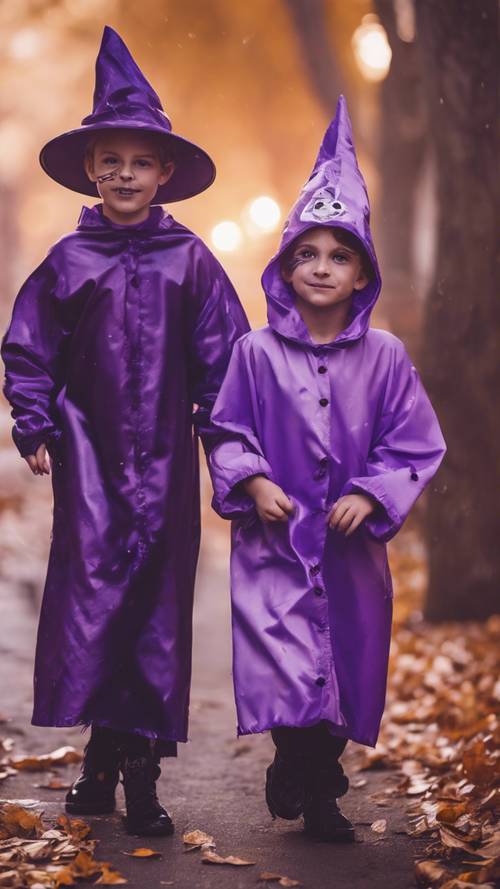 Grupo de crianças fantasiadas de Halloween, doces ou travessuras em um bairro sob um céu roxo e enevoado.