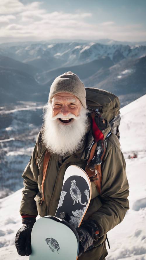 An elderly man with a thick white beard grinning broadly, holding a snowboard on top of a snow-covered mountain.