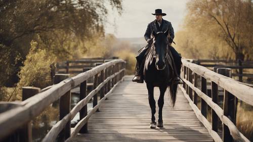 Um cowboy vitoriano em um cavalo preto, trotando sobre uma ponte de madeira.