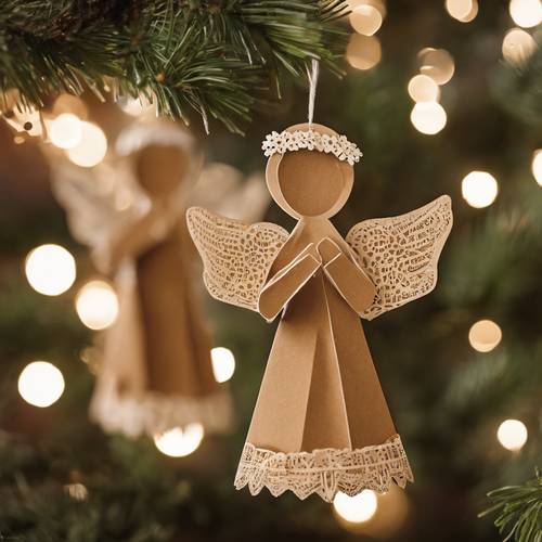 A close-up of a beautifully-crafted, brown paper angels hanging on the Christmas tree.