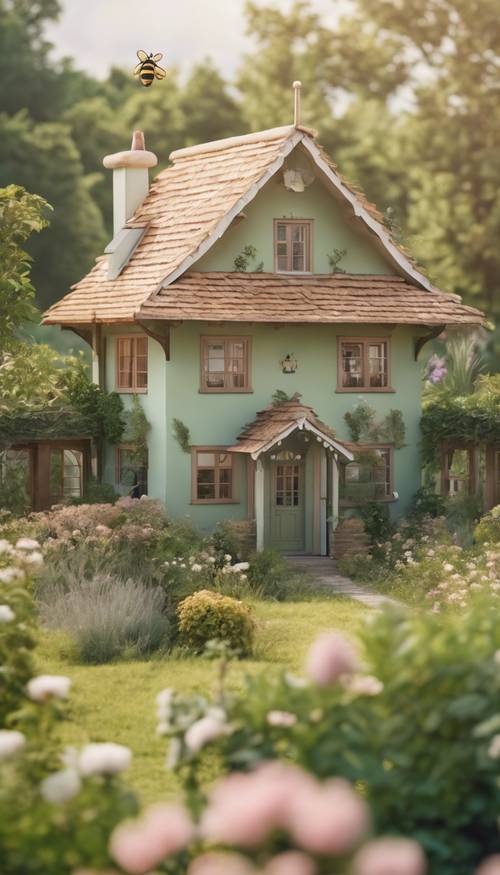 Uma casa de campo em tons pastéis situada em uma paisagem verdejante, com um cata-vento representando uma abelha no telhado.
