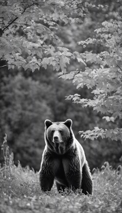 A black and white image of a bear leaning against a robust maple tree in early autumn.