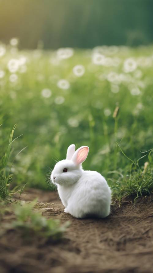 Kelinci putih kawaii di lapangan hijau, ekor berbulu halus berkedip-kedip tertiup angin.