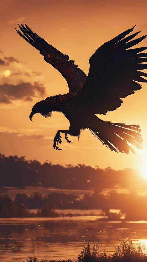 Siluet burung phoenix yang megah sedang terbang, di hadapan matahari terbenam yang cemerlang.