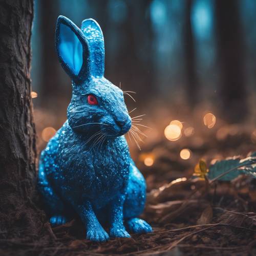 黄昏时分，一只闪闪发亮的霓虹蓝色兔子从森林中走出，形成一幅神秘的场景。