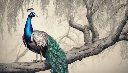 Un boceto vintage de un pavo real descansando sobre una antigua rama de sauce llorón.