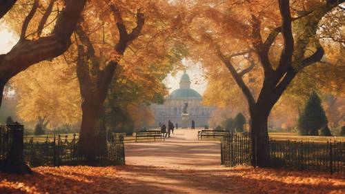 Fantazyjne przedstawienie Hyde Parku jesienią, z wyraźnymi liśćmi i żywymi kolorami.