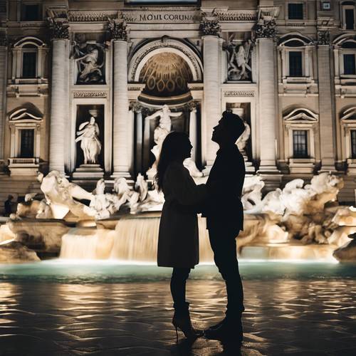A couple's silhouette sharing a romantic moment in front of the iconic Trevi Fountain in Rome.